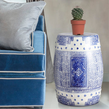 Acanthus 17.8" Chinoiserie Ceramic Drum Garden Stool - JONATHAN Y